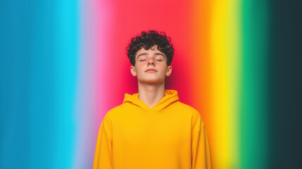 Obraz premium Vibrant portrait of young person in yellow hoodie with colorful rainbow background