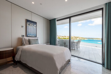 Modern hotel room with a bright and airy feel, a luxury hotel room. Example of a hotel room, modern...