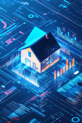 Fototapeta premium Illustration of a virtual house icon surrounded by data charts, representing real estate market trends and online analytics. 