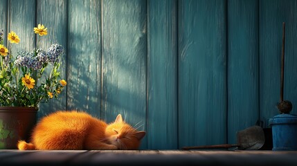 Obraz premium An orange feline lounging beside a flowering potted plant against a backdrop of teal wood paneling