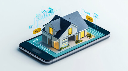 Illustration of a virtual house on a smartphone screen, with interactive property details, price tags, and real-time data overlays. 