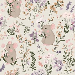 Fototapeta premium Charming little mice playfully interact with delicate flowers, creating a joyful and enchanting atmosphere filled with nature's colors. Generative AI