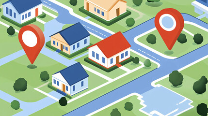 Fototapeta premium Illustration of a virtual neighborhood map icon, with interactive property listings and digital marketing elements for real estate platforms. 
