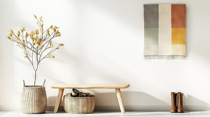   Wooden bench, nearby vase with plant, rug on wall behind