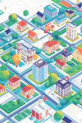 Illustration of a virtual neighborhood map icon, with interactive property listings and digital marketing elements for real estate platforms. 