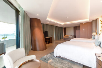 Modern hotel room with a bright and airy feel, a luxury hotel room. Example of a hotel room, modern...