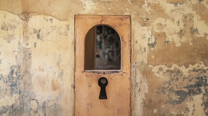 Real estate poster with a keyhole on a wall revealing an apartment behind it.