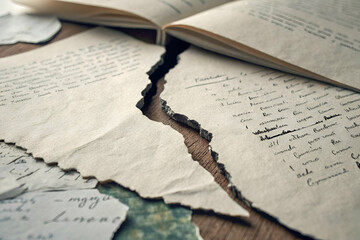 An old, torn book lies open, surrounded by fragile, handwritten pages, evoking a sense of nostalgia and lost stories.