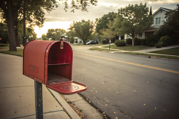 A rustic red mailbox stands by a quiet street, surrounded by trees and homes, illuminated by the warm glow of a sunset.