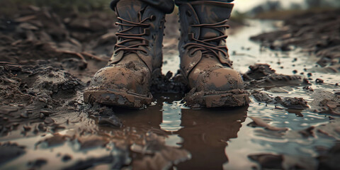 Mud-Covered Boots in a Puddle