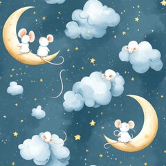 Whimsical design showcases playful mice resting on crescent moons against a dreamy night sky filled with soft clouds and twinkling stars. Generative AI