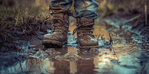 Fototapeta premium Muddy Boots in Puddle
