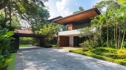 Spacious contemporary house surrounded by lush greenery. 