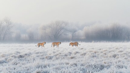 Naklejka premium Three Siberian tigers walking in a frosty, snowy field at Hengdaohezi Park, China, during winter.