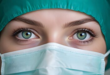 A close-up of a young Caucasian woman's eyes, wearing a surgical mask. The woman has bright blue eyes and appears to be in a medical or healthcare setting