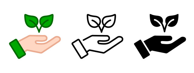 Hand holding plant icon. Leaves in hand pictogram. Ecology care symbol. Tree growth sign. Eco concept illustration.