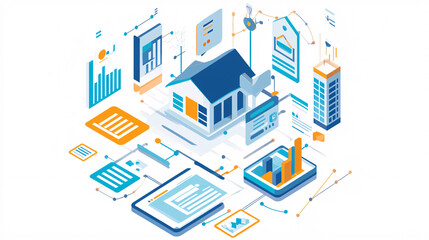Virtual property listing icon surrounded by search filters, graphs, and online marketing metrics for web-based real estate solutions. 