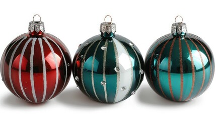 Three decorative Christmas ornaments in red and teal with various designs.
