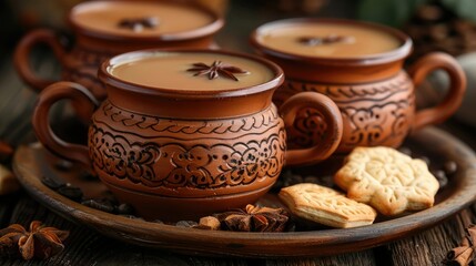 Fototapeta premium Three decorative clay cups of spiced tea on a wooden tray with cookies and spices.
