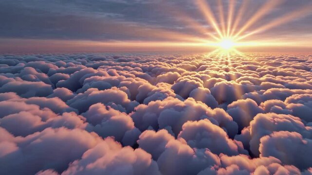 Majestic aerial view above fluffy clouds at sunset. Cloud Dancer - Color of the year 2026