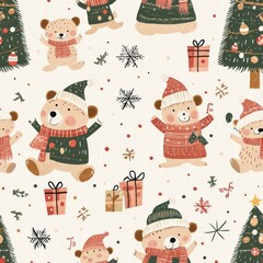 Charming bears adorned in holiday attire frolic among gifts and snowflakes, creating a delightful festive atmosphere for winter. Generative AI
