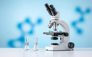 Laboratory glassware and a microscope, symbolizing scientific research and development.