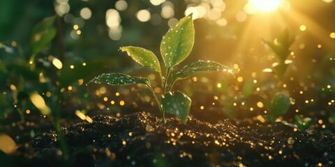 A close-up view of a young plant emerging from soil, surrounded by glistening droplets, symbolizing growth, renewal, and sustainability under warm sunlight.