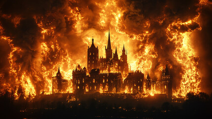 Fototapeta premium An immense castle engulfed in flames, lighting up the night sky as smoke and embers rise in curling patterns.