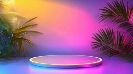 Vibrant Neon Tropical Display with Circle Podium