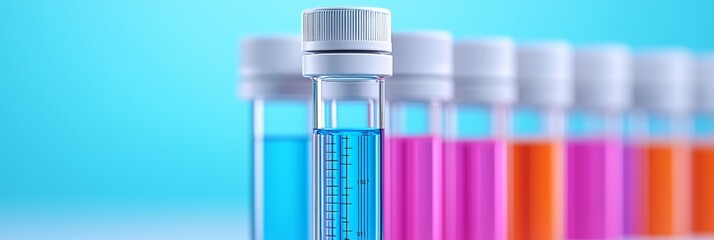 An array of colorful science laboratory test tubes captured in close-up, showcasing lab equipment for new medical research. Stock.