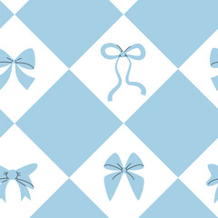 Diamond Pattern with Bows. Blue and White Seamless Pattern. Monochrome Ornament.