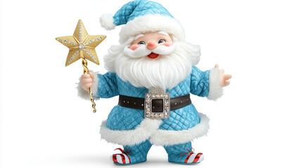 A cheerful Santa Claus holding a golden star-topped wand, wearing a sky-blue suit with white fur trim, rosy cheeks