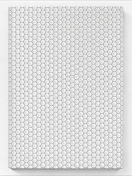 A white sheet paper with a sleek, repeating black hexagonal mesh pattern. The honeycomb-like design feels geometric and precise, ideal for a stylish notebook cover