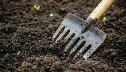 Close-up of a garden cultivator in rich dark soil, ready for planting.  Perfect for gardening, agriculture, and spring themes.