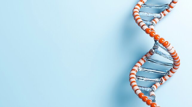A 3D illustration of human DNA, featuring a glass helix that has broken and transformed into liquid, highlighting the change in nucleic acid molecules, displayed on a blue backdrop with copy space.
