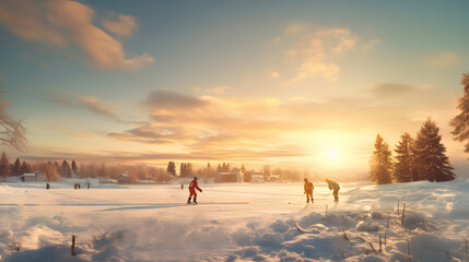Group of children playing ice hockey on frozen lake in winter surrounded by trees and sunset in the background.