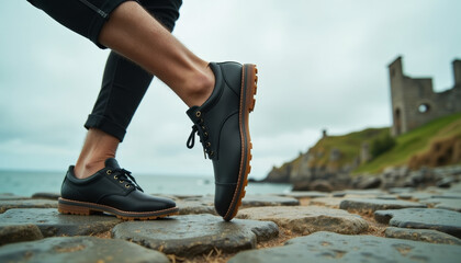 Walking along the rocky shoreline, a person enjoys the fresh air near historical ruins on a cloudy day