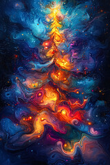 Fototapeta premium Colorful Christmas tree with a star on top.