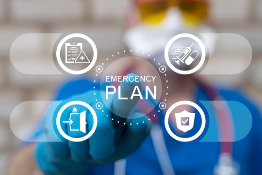Doctor using virtual touch screen push inscription: EMERGENCY PLAN. Emergency preparedness plan health care concept. Clinic Pharmacy Evacuation Training. Emergency preparedness instructions for safety