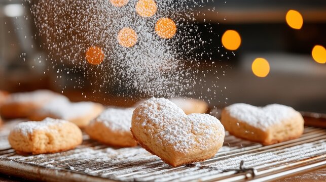 Delicious heart-shaped cookies resting on a cooling rack, sprinkled with a light dusting of powdered sugar, perfect for festive occasions and sweet treats.