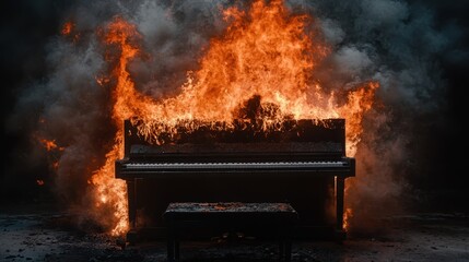 A piano consumed by intense flames releases dark smoke into the air, creating a dramatic and emotional scene that conveys destruction and transformation.