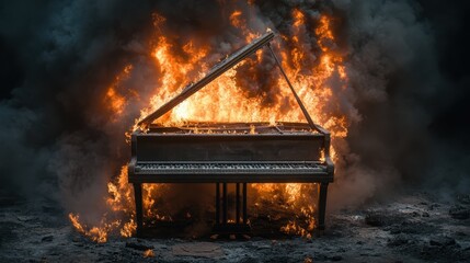 A grand piano enveloped in fierce fire and swirling smoke creates a striking image of chaos and...