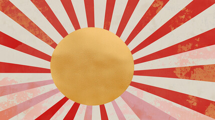 Rising Sun Symbol with Red Rays on Vintage Textured Background.