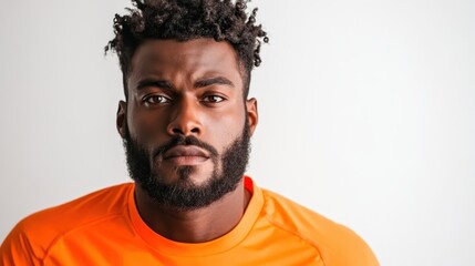 Fototapeta premium Portrait of a person with focused expression in a vibrant orange shirt, highlighting determination and consciousness set against a neutral background.