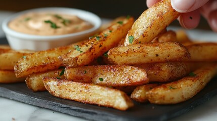 Crispy seasoned fries served with a dipping sauce on a slate platter.