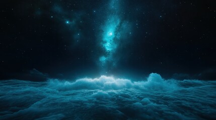 An ethereal scene as ocean waves appear to join the Milky Way in the night sky, creating a seamless blend of sea and space with tranquil and surreal beauty.