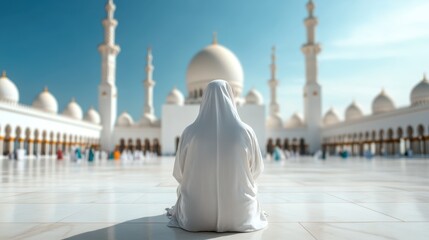An individual dressed in white sits peacefully in front of a majestic Islamic architectural masterpiece, evoking a sense of spiritual introspection and cultural richness.