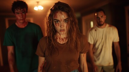 Obraz premium Three individuals, with intense expressions and blood-stained clothes, stand indoors under dim lighting, setting a suspenseful and eerie atmosphere.