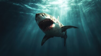 Obraz premium A large great white shark emerges from the ocean depths, its mouth open wide, showcasing the raw power and beauty of this apex marine predator in its natural habitat.