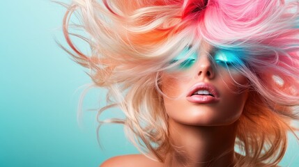 Naklejka premium Vibrant and artistic portrait capturing a woman with swirling colorful hair and dramatic makeup, displaying an expressive burst of creativity and emotion in visual art.